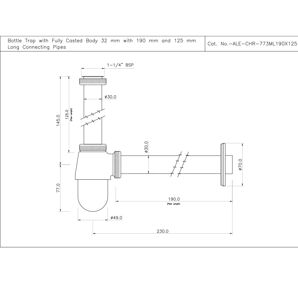 BOTTLE TRAP CASTED WITH 12 INCH PIPE - ESSCO FAUCET -  ( CHROME - ALLIED - 0x32 mm - 0inchX1.25inch )