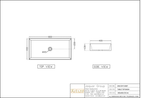 TABLE TOP WASH BASIN - ARTIZE SWARE -  ( WHITE - ANGELO - 800x400 mm - 32inchX16inch )