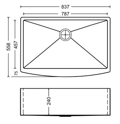 1 BOWL W/O DRAINBOARD (DEPTH 9INCH) THK 1.2MM - CARYSIL -  ( MATT FINISH - APPRON SINK - RADIUS - 837x577 mm - 33inchX22inch )