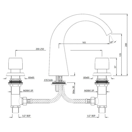 S.L. 3-HOLE BASIN MIXER W/BRAIDED PIPES - JAQUAR FAUCETS -  ( CHROME - ARC - 0x15 mm - 0inchX0.5inch )