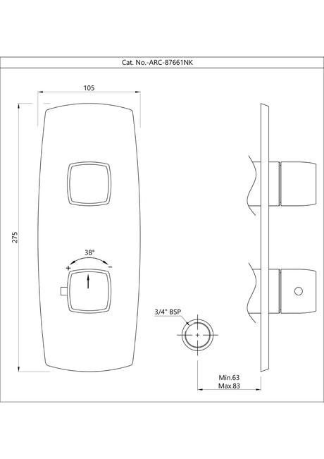 AQUAMAX EXPOSED PART KIT OF THERMOSTATIC SHOWER MIXER WITH 1-WAY DIVERTER WITH SLEEVE (COMPATIBLE WITH ALD-661N) - JAQUAR FAUCETS -  ( CHROME - ARC - 0x20 mm - 0inchX0.8inch )