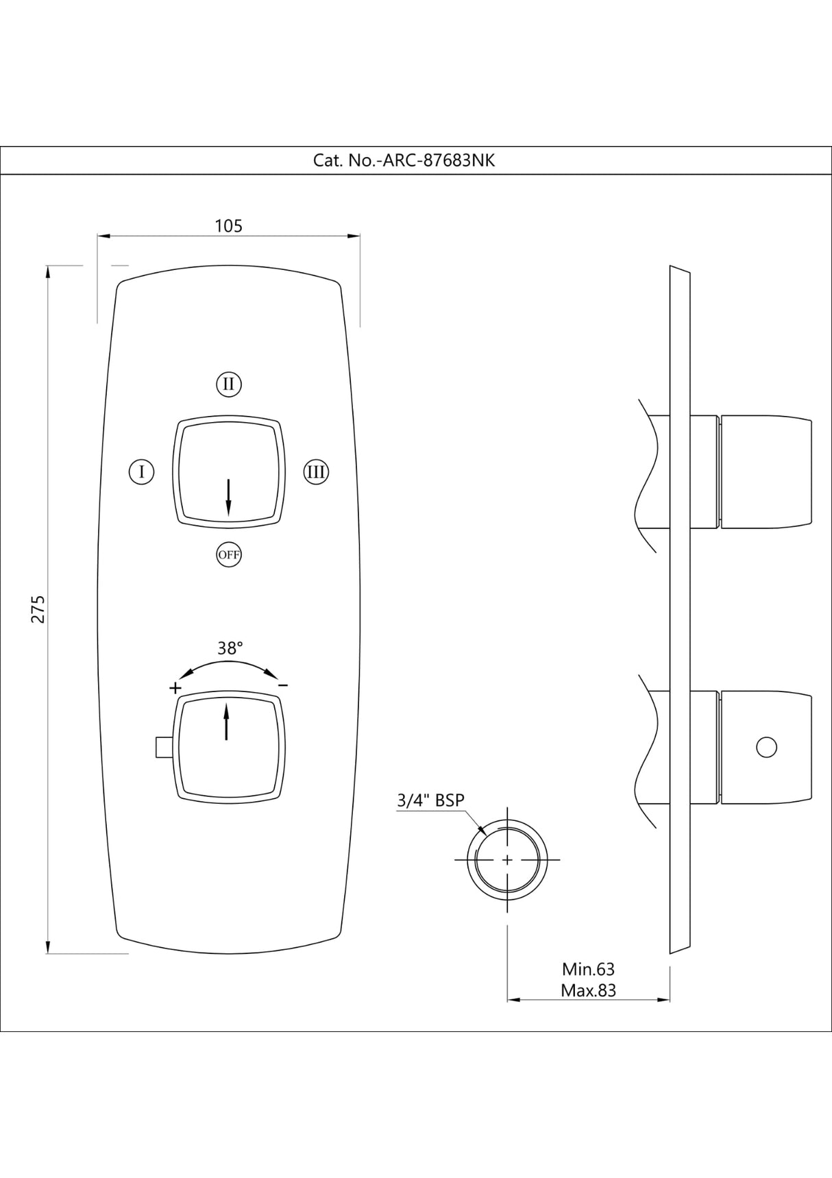 AQUAMAX EXPOSED PART KIT OF THERMOSTATIC SHOWER MIXER WITH 3-WAY DIVERTER & SLEEVE (COMPATIBLE WITH ALD-683N) - JAQUAR FAUCETS -  ( GRAPHITE - ARC - 0x20 mm - 0inchX0.8inch )