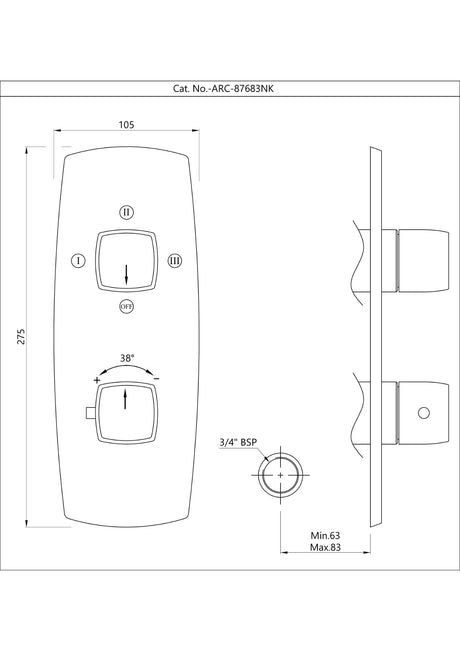 AQUAMAX EXPOSED PART KIT OF THERMOSTATIC SHOWER MIXER WITH 3-WAY DIVERTER & SLEEVE (COMPATIBLE WITH ALD-683N) - JAQUAR FAUCETS -  ( GRAPHITE - ARC - 0x20 mm - 0inchX0.8inch )