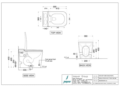 TANKLESS SINGLE PIECE WC S TRAP-300MM W/UF SOFT CLOSE SLIM SC - JAQUAR SWARE - ( WHITE - ARIA - 620x380 mm - 15.2inchX0inch )