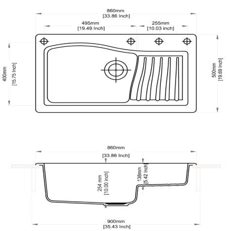 QUARTZ 1 BOWL W/SMALL DRAINBOARD (DEPTH 10INCH) - CARYSIL -  ( GRANITE CRATER - SWAN NEW ASCEND - 860x500 mm - 34inchX20inch )