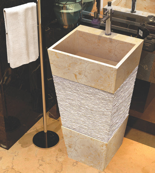 FREE STANDING STONE PEDESTAL WASH BASIN - AQUANT - ( TRAVERTINE MARBLE(INDONESIA) - ZEUS - 450x400 mm - 18inchX16inch )