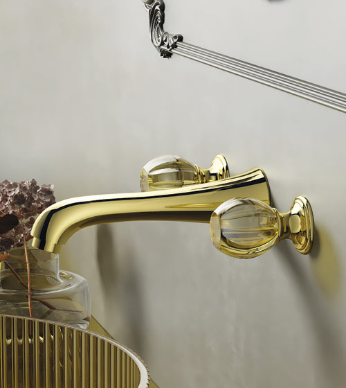 PRESTIGE COLLECTION 3/HOLE BRASS WALL MOUNTED BASIN MIXER W/AMBER GOLD HANDLES - AQUANT -  ( GLOSSY GOLD - PRESTIGE SERIES - 0x0 mm - 0inchx0inch )