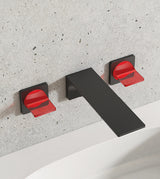 PRESTIGE COLLECTION 3/HOLE BRASS WALL MOUNTED BASIN MIXER W/RUBY RED HANDLES - AQUANT - ( MATT BLACK - PRESTIGE SERIES - 0x0 mm - 0inchX0inch )