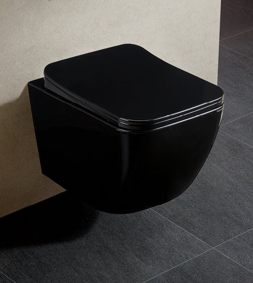WALL HUNG WC RIMLESS W/UF SEAT COVER ( BOLT DISTANCE 7INCH) - AQUANT -  ( GLOSSY BLACK -  - 515x360 mm - 20.6inchX14.4inch )