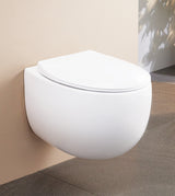 RIMLESS WALL HUNG WC WITH SLIM UF SEAT COVER OVAL EGG SHAPE - AQUANT -  ( WHITE -  - 500x370x360 mm - 20inchX14.8inchX14.4inch )