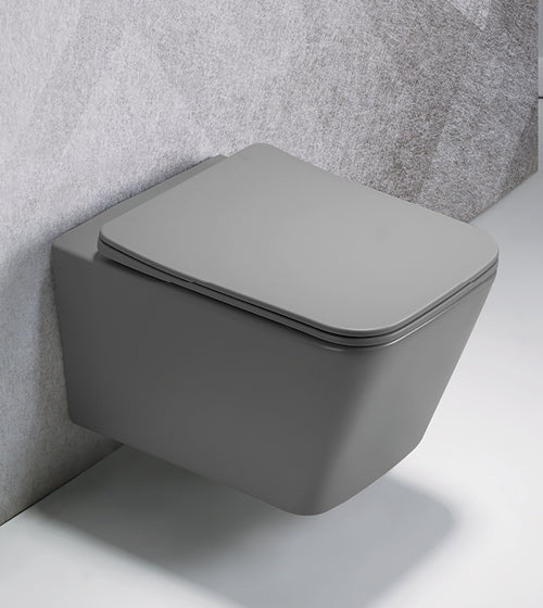 RIMLESS WALL HUNG WC WITH SOFT CLOSE UF SLIM SEAT COVER  ( BOLT DISTANCE 7INCH) - AQUANT -  ( LUNAR GREY -  - 520x350x345 mm - 20.8inchX14inchX13.8inch )