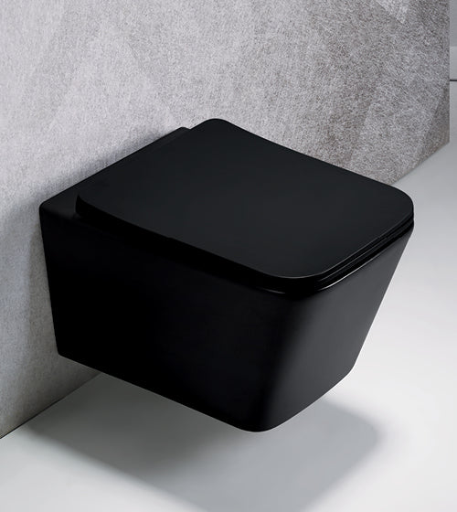 RIMLESS WALL HUNG WC WITH SOFT CLOSE UF SLIM SEAT COVER  ( BOLT DISTANCE 7INCH) - AQUANT -  ( MATT BLACK -  - 520x350x345 mm - 20.8inchX14inchX13.8inch )