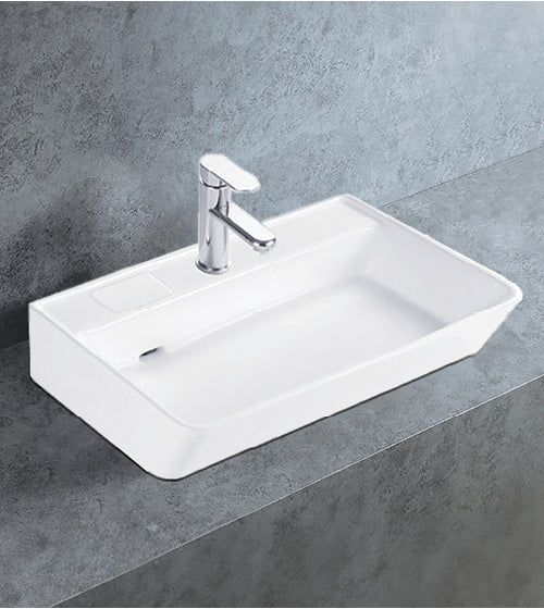 TABLE / WALL MOUNTED WASH BASIN WITH SIDE SQUARE POP UP WASTE COUPLING WITH TAP HOLE - AQUANT -  ( WHITE -  - 590x420x150 mm - 23.6inchX16.8inchX6inch )