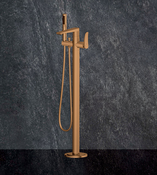 FREE STANDING BRASS BATH MIXER WITH HAND SHOWER - AQUANT - ( BRUSHED ROSE GOLD - WAVE SERIES - 1050x0 mm - 42inchX0inch )