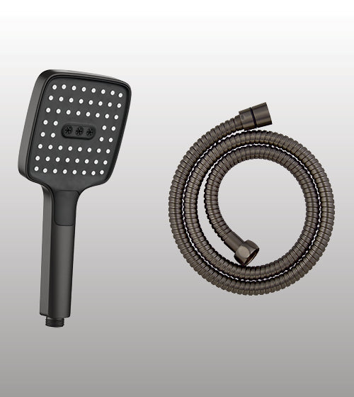 ABS HAND SHOWER 3 FUN SQUARE SHAPE, BUTTON CONTROL FOR FLOWS SHOWER, MIST, DUAL SHOWER+MIST INCLUDES FLEXIBLE SHOWER HOSE 1.5 MTRGOLD - AQUANT -  ( GRAPHITE GREY -  - 115x115 mm - 4.6inchX4.6inch )