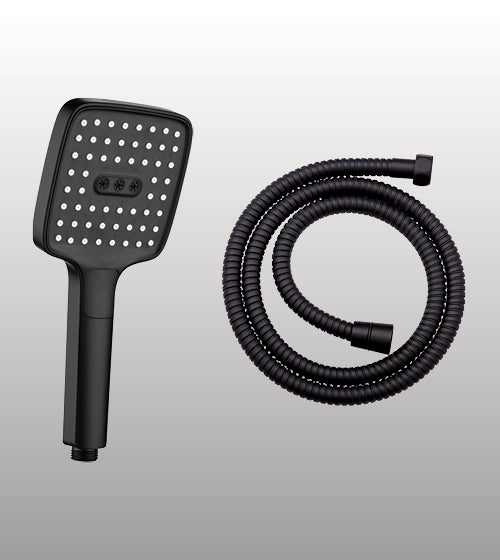 ABS HAND SHOWER 3 FUN SQUARE SHAPE, BUTTON CONTROL FOR FLOWS SHOWER, MIST, DUAL SHOWER+MIST INCLUDES FLEXIBLE SHOWER HOSE 1.5 MTRGOLD - AQUANT -  ( MATT BLACK -  - 115x115 mm - 4.6inchX4.6inch )
