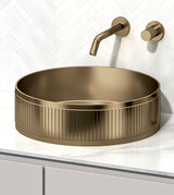 TABLE MOUNTED WASH BASIN SS 304 GRADE WITH POP UP WASTE COUPLING ROUND SHAPE - AQUANT - ( BRUSHED GOLD - - 400x120 mm - 16inchX4.8inch )