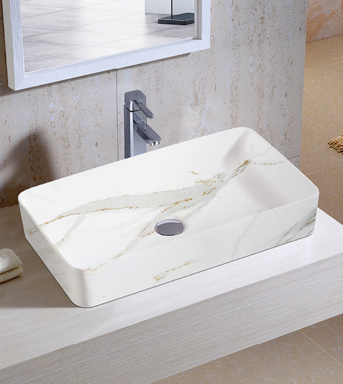 TABLE MOUNTD W/B W/POP UP WASTE CUPLING - AQUANT -  ( STATUARIO GLOSSY FINISH -  - 615x360 mm - 25inchX15inch )