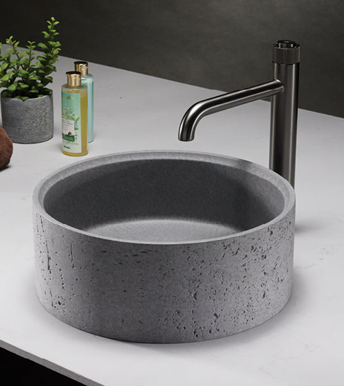 CONCRETE TABLE MOUNTED WASH BASIN ROUND SHAPE WITH A ROUGH TEXTURE ON THE OUTSIDE INCLUDES POP UP WASTE COUPLING - AQUANT -  ( MATT GREY -  - 395x150 mm - 15.8inchX6inch )