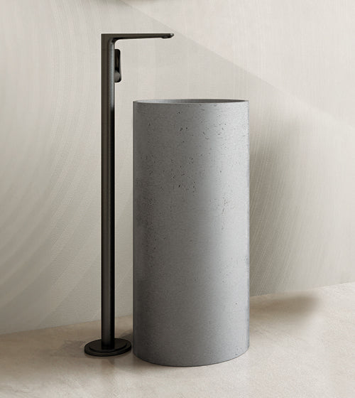FREE STANDING CONCRETE PEDESTAL W/B W/ROUGH TEXTURE ON THE OUTSIDE INCLUDES POP-UP WASTE COUPLING - AQUANT -  ( MATT GREY - CALLISTO - 850x400 mm - 34inchX16inch )