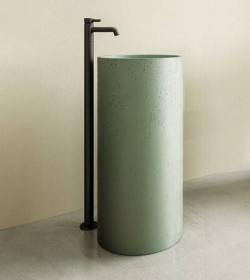 FREE STANDING CONCRETE PEDESTAL W/B W/ROUGH TEXTURE ON THE OUTSIDE INCLUDES POP-UP WASTE COUPLING - AQUANT -  ( OLIVE GREEN - CALLISTO - 850x400 mm - 34inchX16inch )