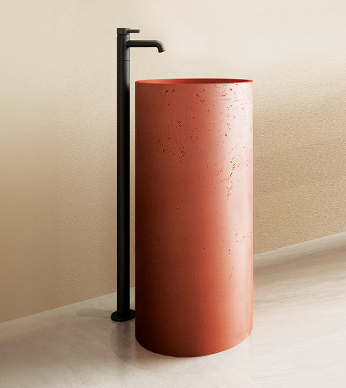 FREE STANDING CONCRETE PEDESTAL W/B W/ROUGH TEXTURE ON THE OUTSIDE INCLUDES POP-UP WASTE COUPLING - AQUANT -  ( TERRACOTTA RED - CALLISTO - 850x400 mm - 34inchX16inch )