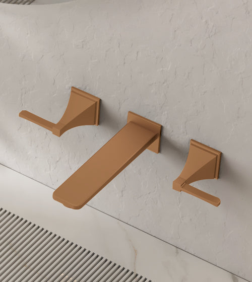 PRESTIGE COLLECTION 3/HOLE BRASS WALL MOUNTED BASIN MIXER -AQUANT-( BRUSHED ROSE GOLD - PRESTIGE SERIES - 0x0 mm - 0inchx0inch )