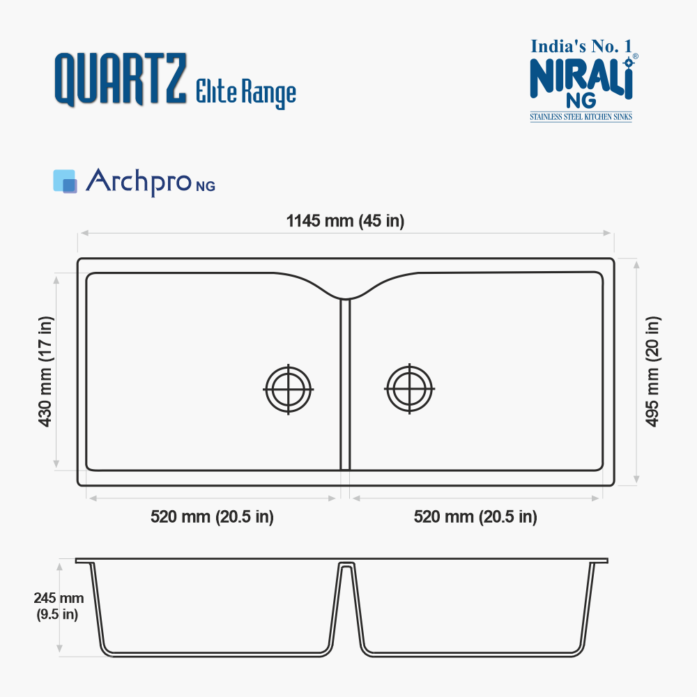 QUARTX SINK 2.0 BOWL W/O DRAINBOARD (DEPTH 9.5INCH) ARCHPRO - NIRALI -  ( METTALIC BLACK - QUARTZ ELITE RANGE - 1145x495 mm - 45inchX20inch )