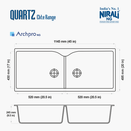QUARTX SINK 2.0 BOWL W/O DRAINBOARD (DEPTH 9.5INCH) ARCHPRO - NIRALI -  ( METTALIC BLACK - QUARTZ ELITE RANGE - 1145x495 mm - 45inchX20inch )