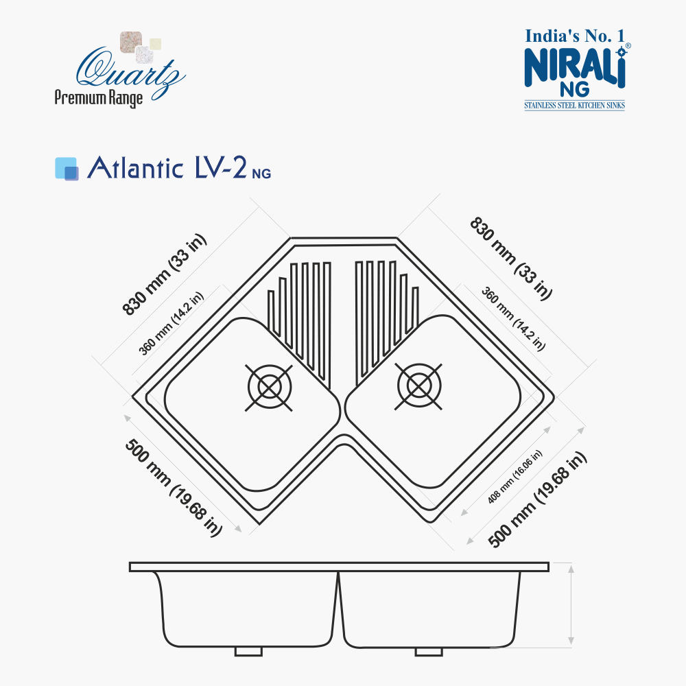 CORNER QUARTZ SINK WITH DRAIN BOARD (DEPT 8INCH) ATLANTIC LV-2 - NIRALI -  ( BLACK GRANITE - QUARTZ PREMIUM RANGE - 830x500 mm - 33inchX19.6inch )