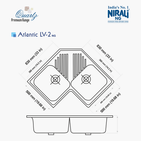 CORNER QUARTZ SINK WITH DRAIN BOARD (DEPT 8INCH) ATLANTIC LV-2 - NIRALI -  ( BLACK GRANITE - QUARTZ PREMIUM RANGE - 830x500 mm - 33inchX19.6inch )