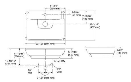 COUNTER TOP WASH BASIN W/FAUCET HOLE - KOHLER PREMIUM -  ( WHITE - PREMIUM - 600x440 mm - 24inchX18inch )