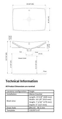 (PRUN)ESCALE-TABLE TOP W/BASIN W/TAP HOLE - KOHLER LUXURY -  ( WHITE -  - 600x410 mm - 24inchX18inch )