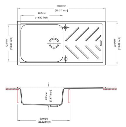 STD 1 BOWL W/DRAINBOARD(DEPTH 8INCH) - CARYSIL -  ( SNOVA - NEW BEETHOVEN - 1000x500 mm - 40inchX20inch )