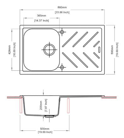 STD 1 BOWL W/DRAINBOARD(DEPTH 8INCH) - CARYSIL -  ( CRATER - NEW BEETHOVEN - 860x500 mm - 34inchX20inch )