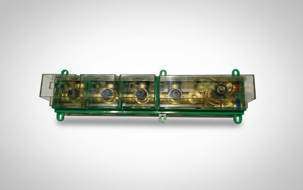 Electronic component with green frame and clear cover on a white background