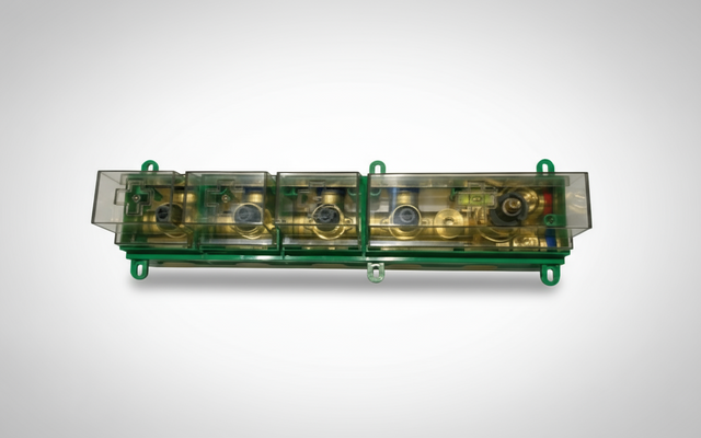 Electronic component with green frame and clear cover on a white background