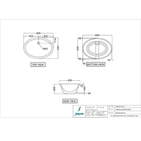 WASH BASIN UNDER COUNTER - JAQUAR SWARE -  ( WHITE - CONTINENTAL - 605x430 mm - 24.2inchX17.2inch )