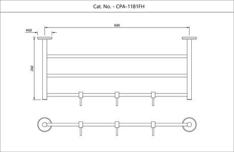 TOWEL RACK 600MM LONG WITH 3 HOOKS - JAQUAR FAUCETS -  ( CHROME - CONTINENTAL PRIME ACCESSORIES - 0x600 mm - 24inchX0inch )