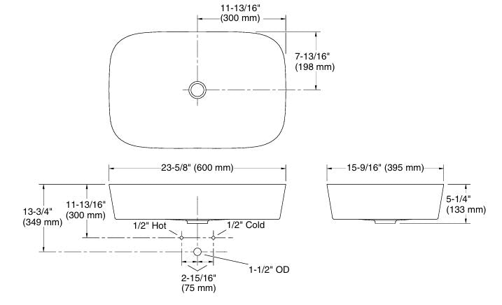 TABLE TOP 600MM EDGE VESSEL BASIN - KOHLER LUXURY -  ( TENDER GREY - LUXURY - 0x600 mm - 24inchX0inch )
