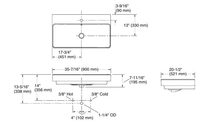 FOREFRONT-VANITY TABLE TOP BASIN W/HOLE - KOHLER LUXURY -  ( WHITE - LUXURY - 900x520 mm - 36inchX21inch )