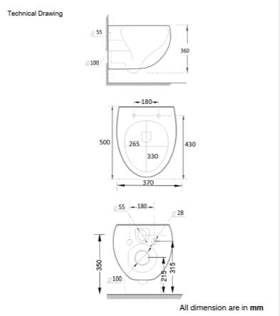 RIMLESS WALL HUNG WC WITH SLIM UF SEAT COVER OVAL EGG SHAPE - AQUANT -  ( WHITE -  - 500x370x360 mm - 20inchX14.8inchX14.4inch )