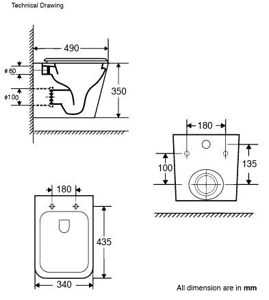GENERATION 3 RIMLESS TORNADO QUIET W/HUNG WC W/SLIM UF SEAT COVER - AQUANT -  ( WHITE -  - 490x340 mm - 19.6inchX13.6inch )