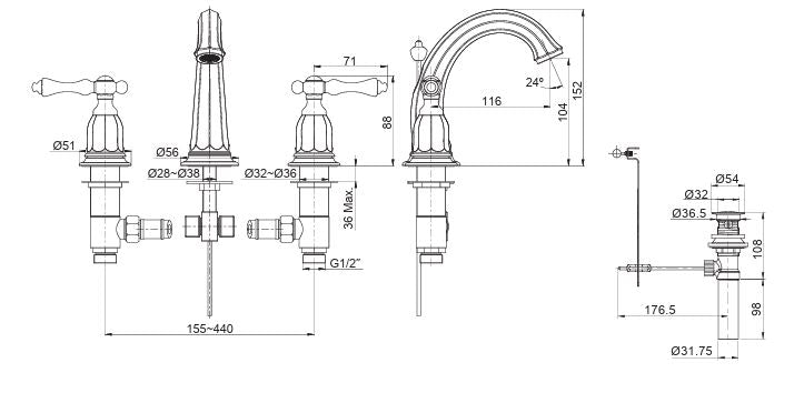 KELSTON DUAL HANDLE 8INCH LAV FAUCET - KOHLER LUXURY -  ( ROSE GOLD - LUXURY - 575x410 mm - 23inchX16inch )
