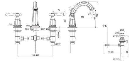 KELSTON DUAL HANDLE 8INCH LAV FAUCET - KOHLER LUXURY -  ( ROSE GOLD - LUXURY - 575x410 mm - 23inchX16inch )