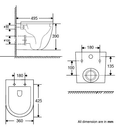 GENERATION 3 RIMLESS TORNADO QUIET W/HUNG WC W/SLIM UF SEAT COVER - AQUANT -  ( WHITE -  - 495x360 mm - 19.8inchX14.4inch )