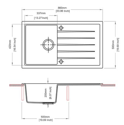 QUARTZ 1 BOWL W/SMALL DRAINBOARD (DEPTH 10INCH) - CARYSIL -  ( GRANITE CORNFLAKES - SWAN NEW ASCEND - 860x500 mm - 34inchX20inch )