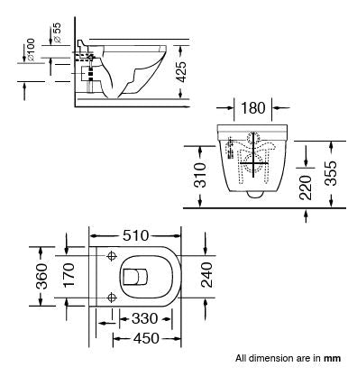WALL HUNG SWIRL FLUSHING WC W/UF S/C ( BOLT DISTANCE 7INCH) - AQUANT -  ( WHITE -  - 0x0 mm - 0inchx0inch )