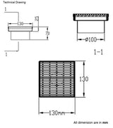 SHOWER DRAINER 304 SS - AQUANT -  ( MATT BLACK -  - 130x130 mm - 5.2inchX5.2inch )