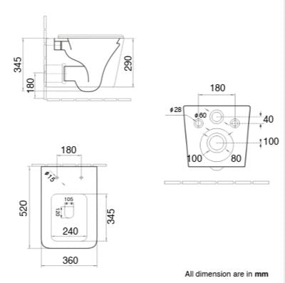 RIMLESS WC WITH SOFT CLOSE UF SLIM SEAT COVER - AQUANT -  ( WHITE -  - 520x350x345 mm - 20.8inchX14inchX13.8inch )